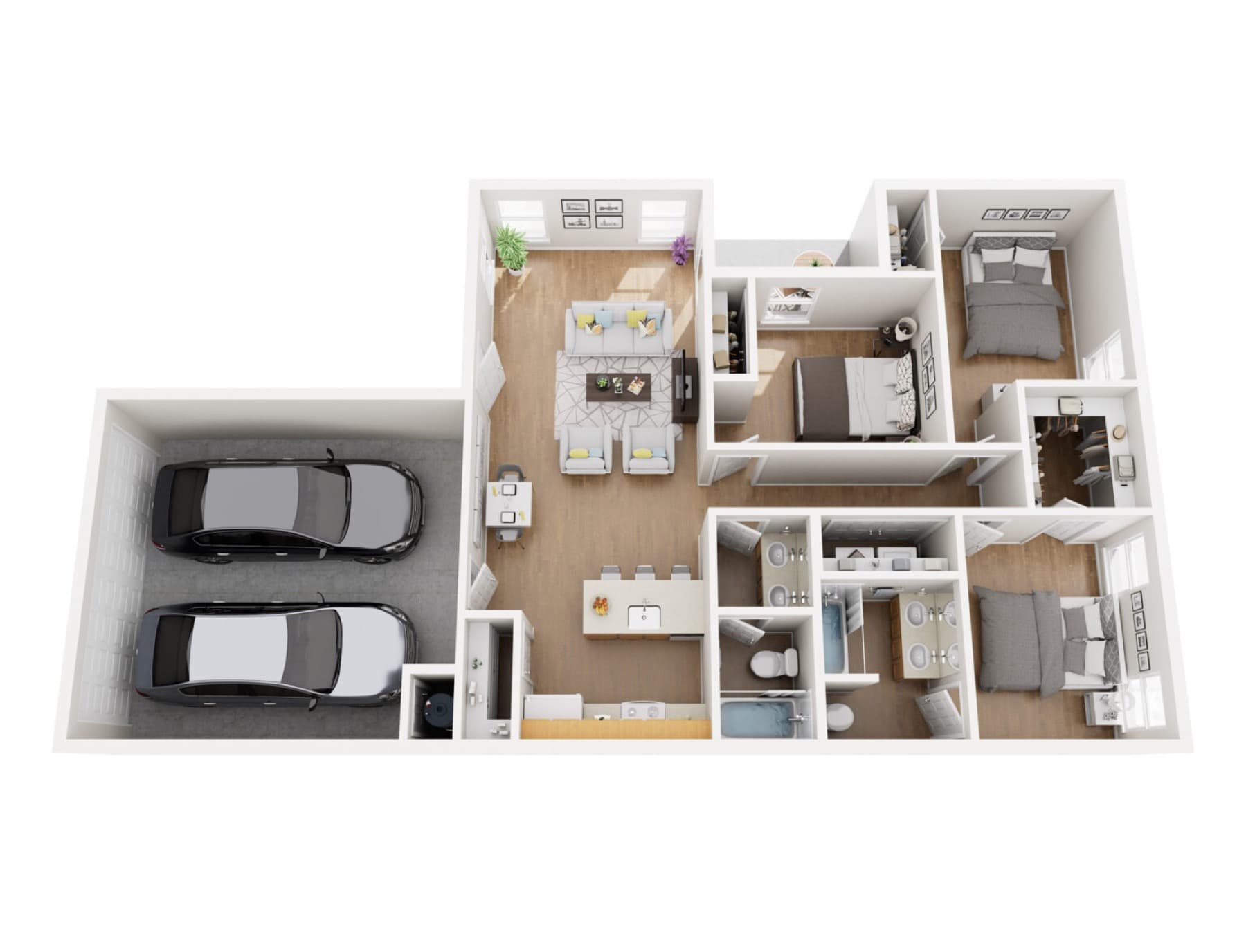 Plan A 3D floor plan, 3 bedrooms, 2 baths, two-car garage