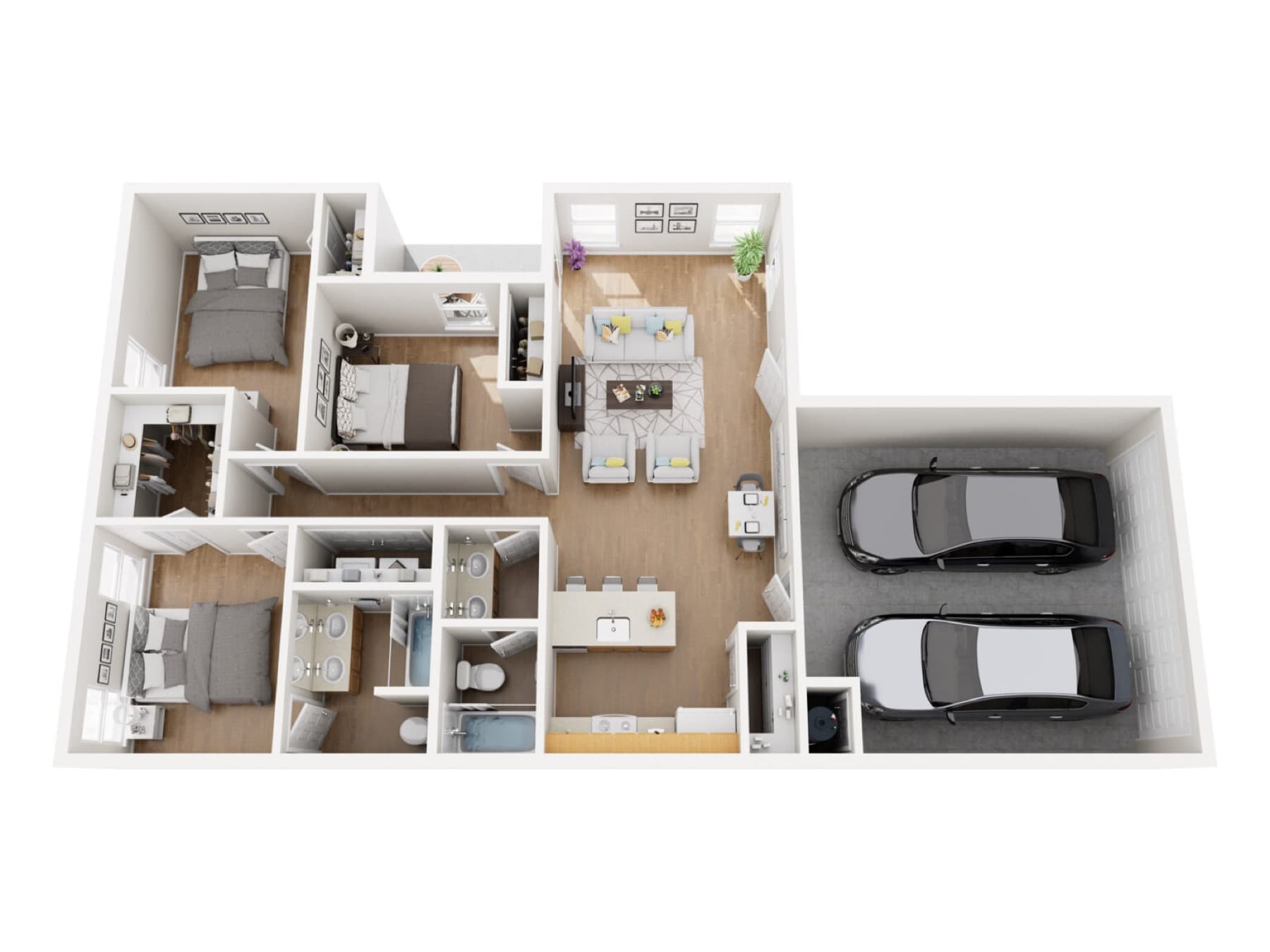 Plan B 3D floor plan, 3 bedrooms, 2 baths, two-car garage